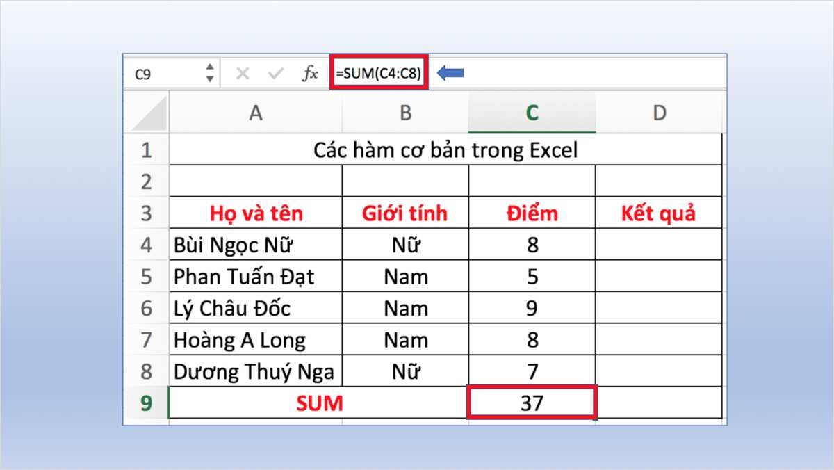 Hàm trong bảng tính Excel có mấy phần?