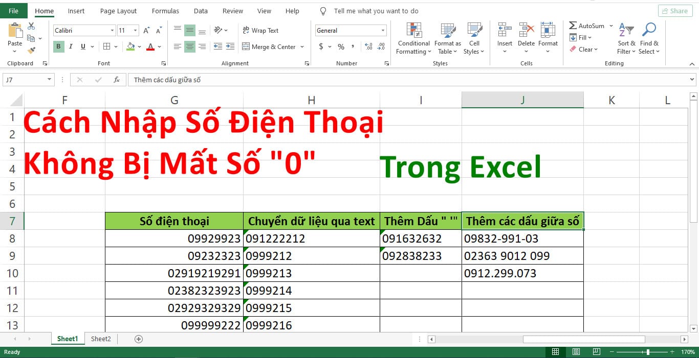 Cách viết không bị mất số 0 trong Excel