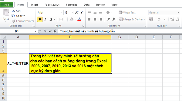 Cách xuống dòng trong Excel