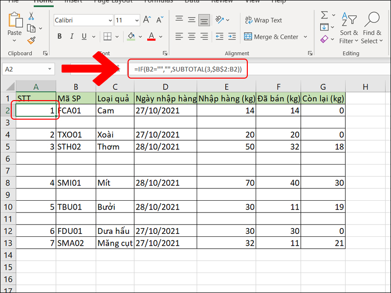 Cách đánh số thứ tự trong Excel khi xóa dòng