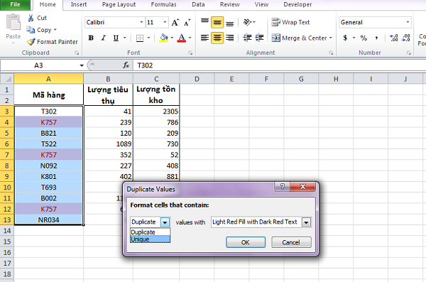 Hàm lọc dữ liệu trùng nhau trong Excel