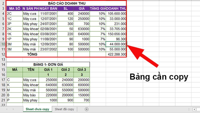 Cách copy bảng trong Excel