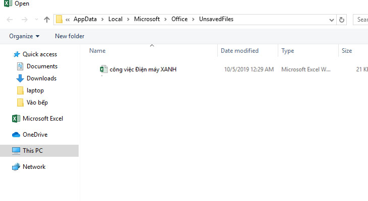 Cách tìm file Excel vừa lưu