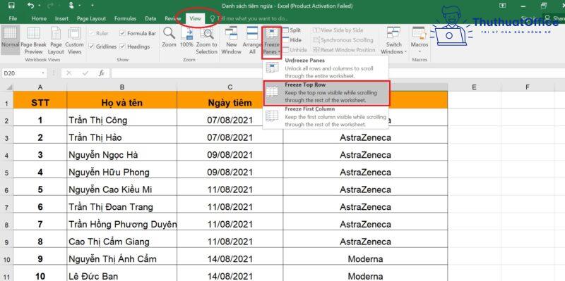 Cách giữ tiêu đề trong Excel 2003