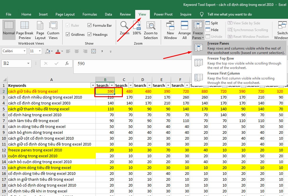 Cố định tiêu đề trong Excel khi cuộn