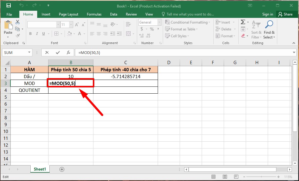 Cách làm phép chia trong Excel