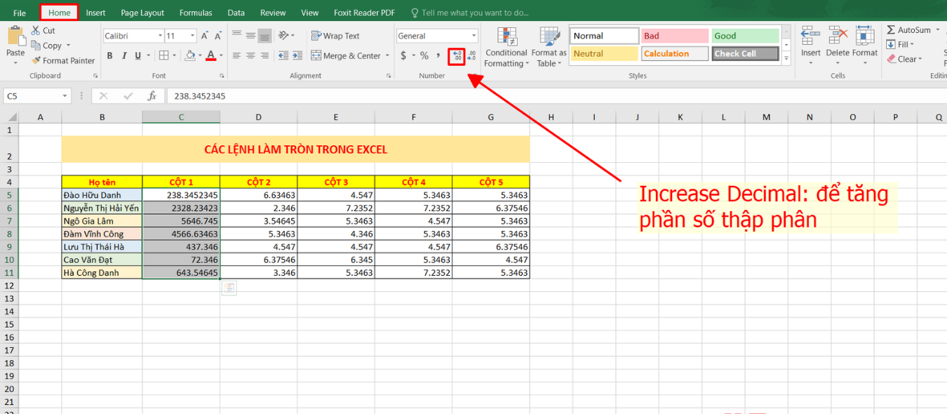 Excel tự làm tròn số