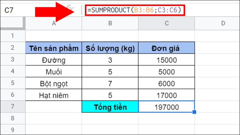 Tính tổng nhân 2 cột trong Excel