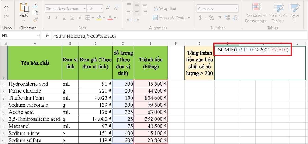 Hàm thống kê tổng số lượng trong Excel