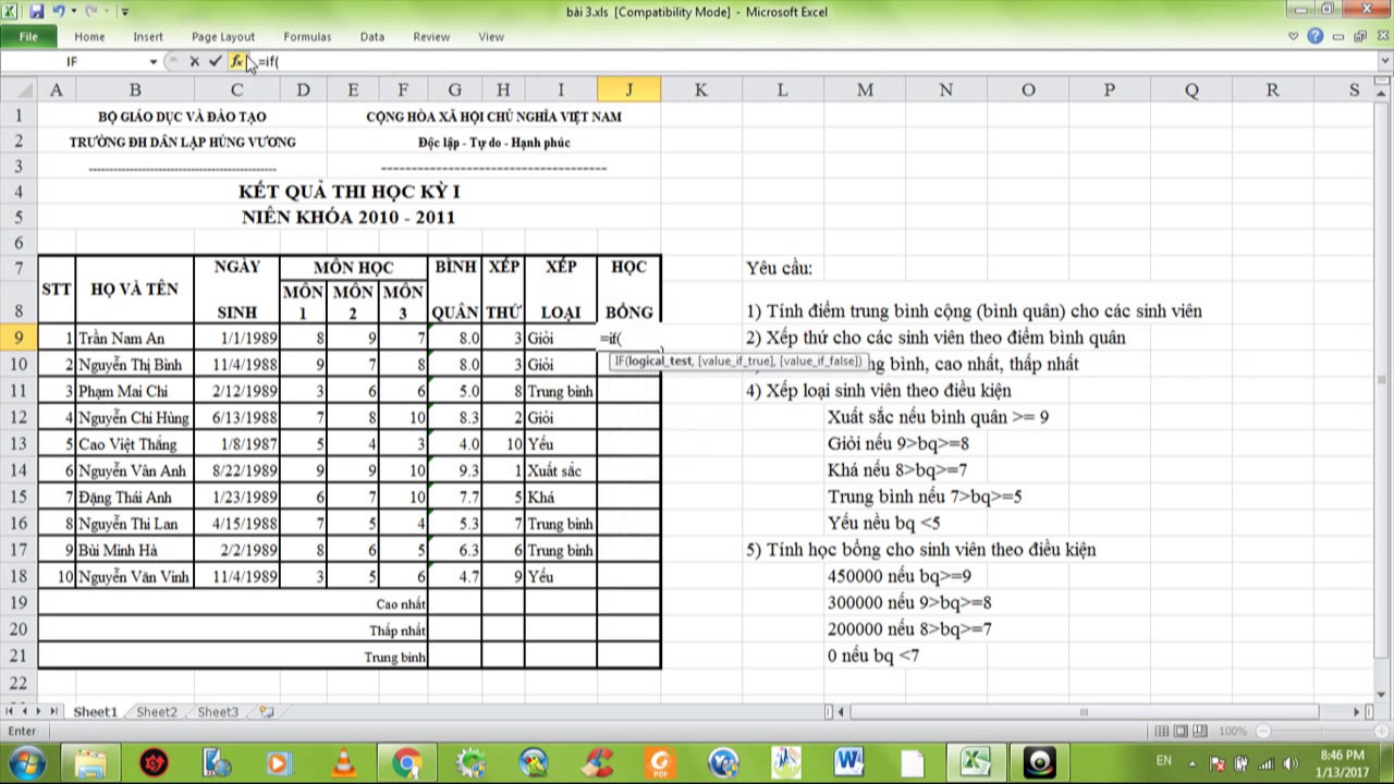 Cách xếp hạng trong Excel bằng hàm IF