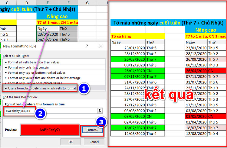 Hàm tô màu có điều kiện trong Excel