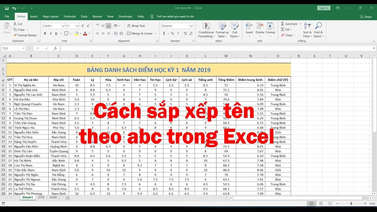 Cách xếp tên theo thứ tự a b c trong Excel