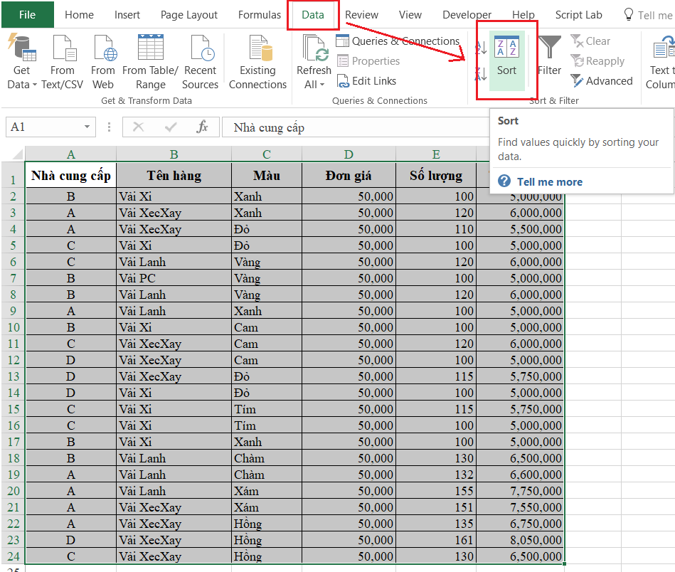 Cách sắp xếp dữ liệu giống nhau trong Excel