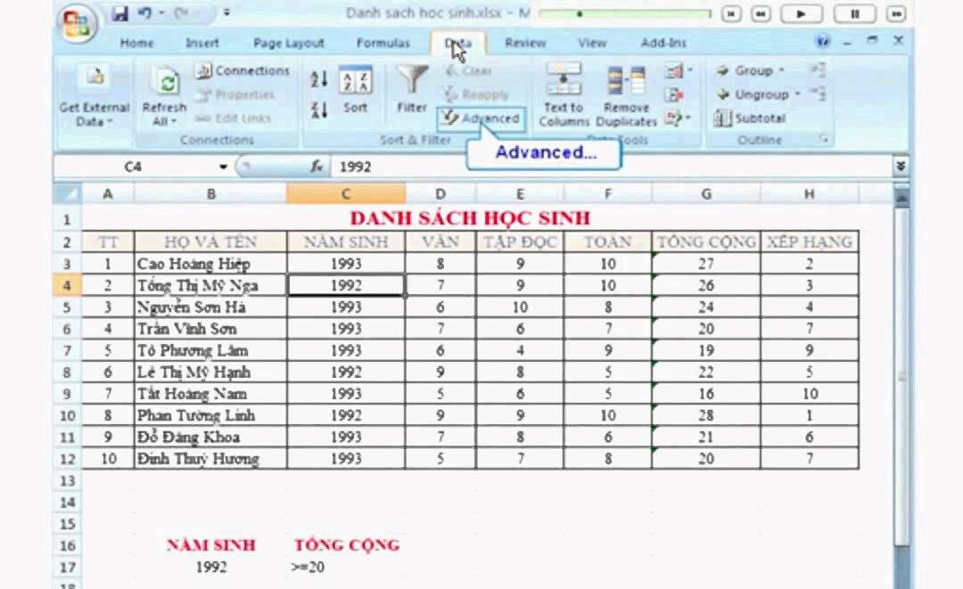 Trích xuất dữ liệu có điều kiện trong Excel