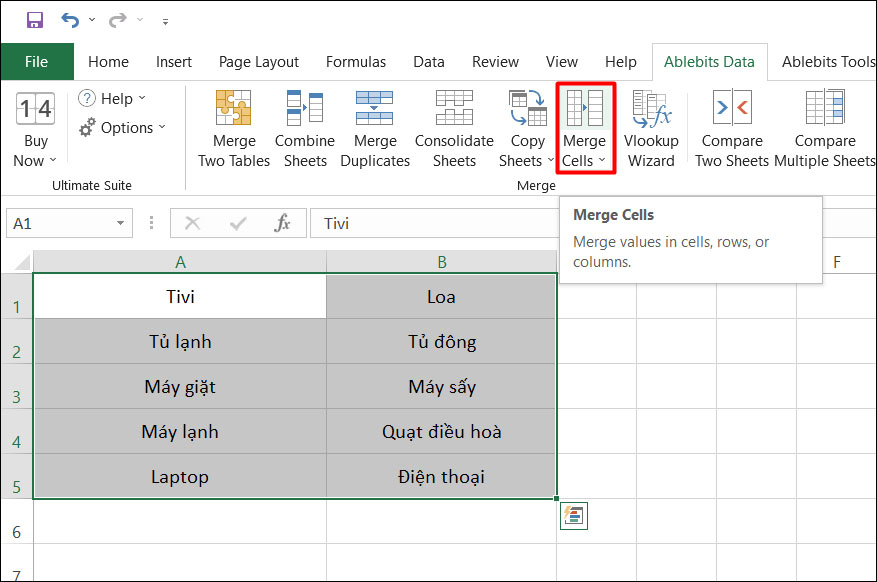 Cách gộp ô trong Excel không mất dữ liệu