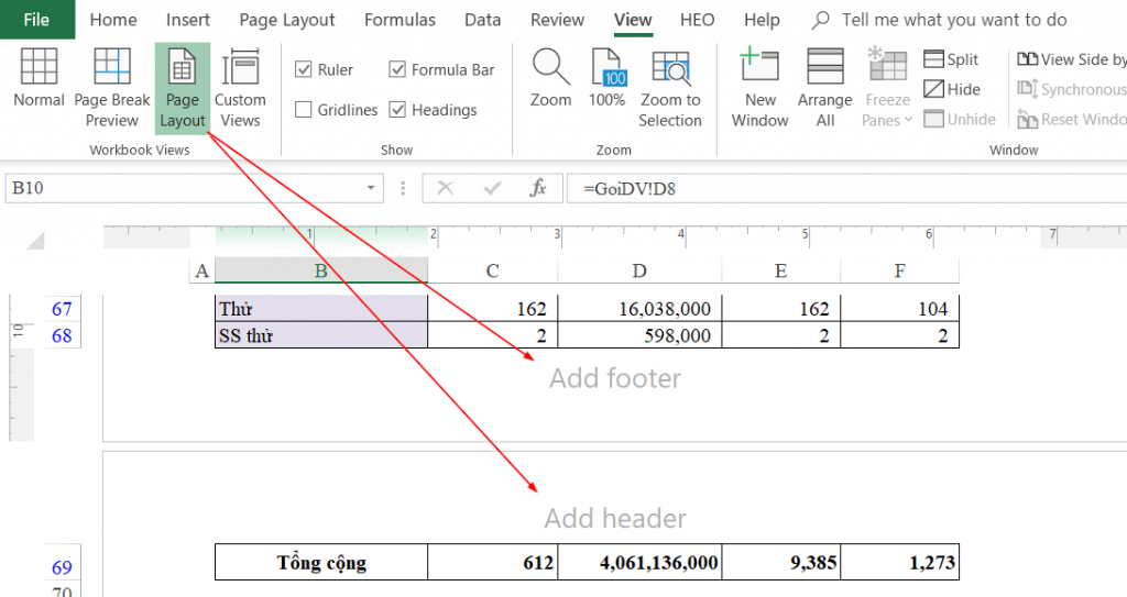 Cách đánh số trang 1/2 trong Excel