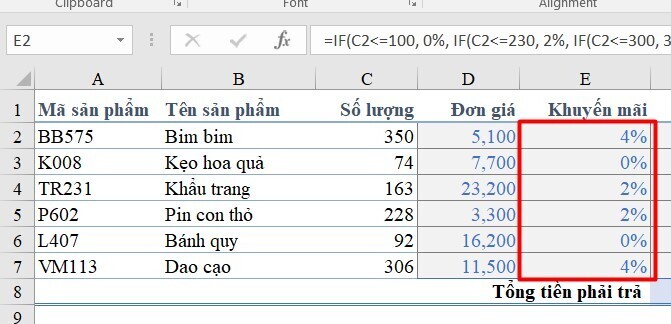 Cách dùng hàm IF tính thành tiền