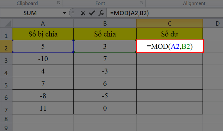 Cách sử dụng hàm MOD trong Excel