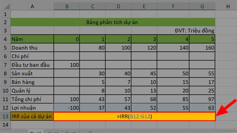 Cách tính IRR trong Excel