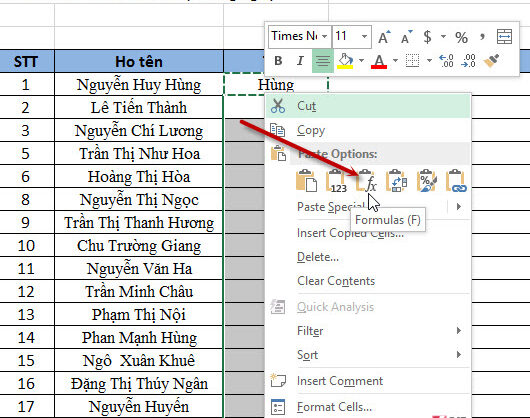 Sao chép công thức theo chiều dọc trong Excel