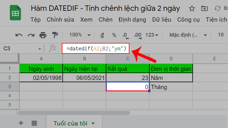 Cách thêm hàm DATEDIF vào Excel