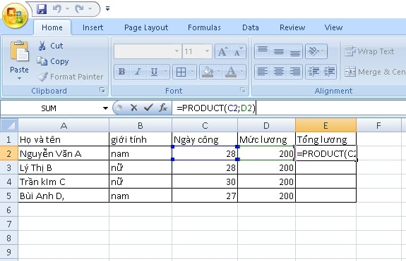 Một số cách tính phép nhân trong Excel