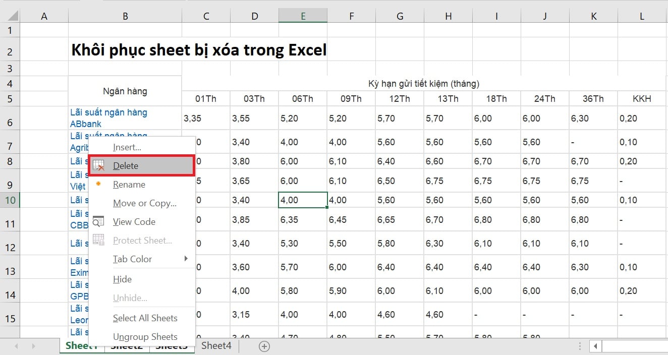 Sửa lỗi xóa sheet trong Excel