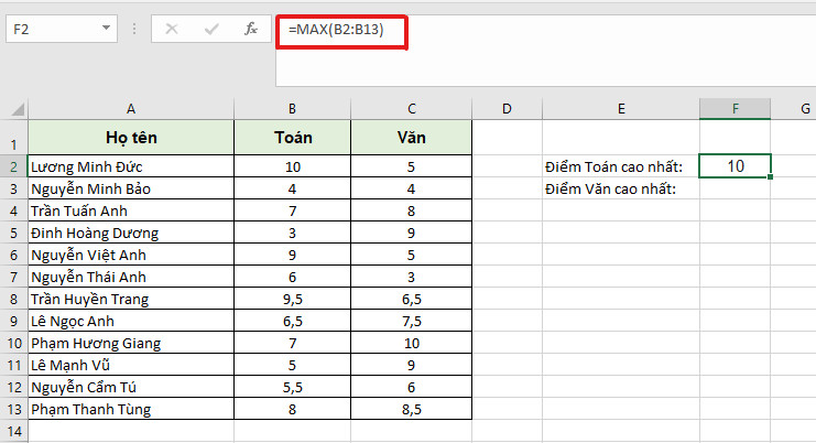 Lọc 10 giá trị lớn nhất trong Excel